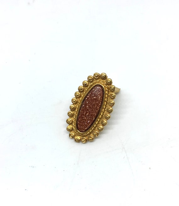 Vintage long oval goldstone clip on earrings - image 3