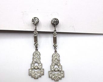 Vintage antique Art Deco silver tone rhinestone screw back long dangle earrings