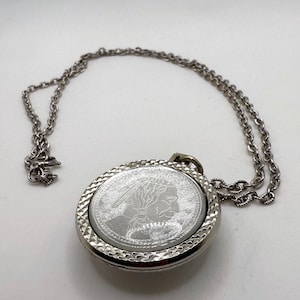 Vintage faux turquoise and faux Indian head coin reversible necklace silver tone