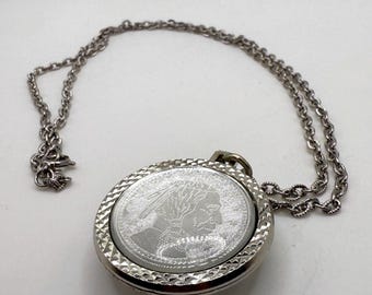 Vintage faux turquoise and faux Indian head coin reversible necklace silver tone