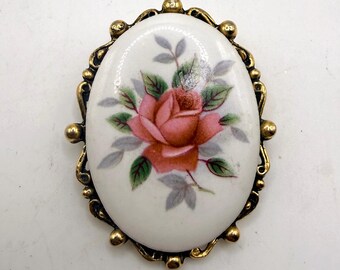 Vintage large oval white ceramic pink rose scarf clip
