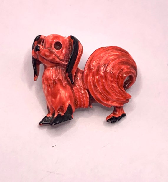 Vintage bright red orange Papillion small dog ena… - image 7