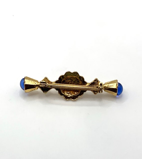 Vintage gold tone and blue cabochon bar brooch vi… - image 3