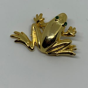 Vintage gold tone green rhinestone eye cute frog brooch