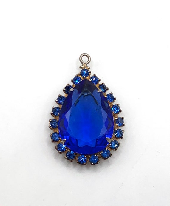 Vintage large tear drop blue rhinestone pendant - image 1