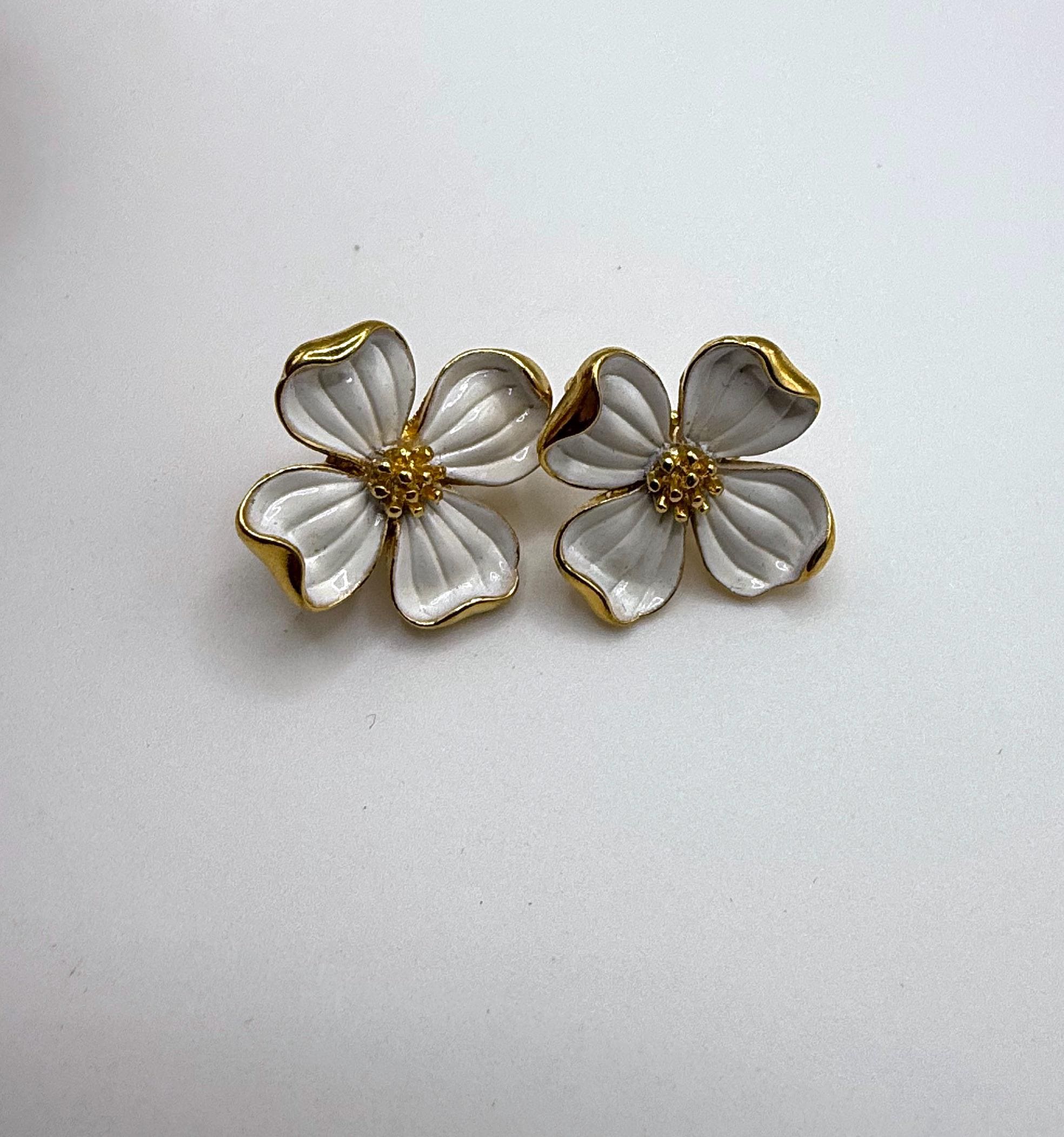 Vintage Gold and White Trifari Dogwood Flower Clip on Earrings