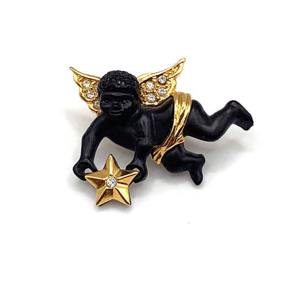 Vintage Coreen Simpson Avon Black enamel gold tone Cherub angel of inspiration pin