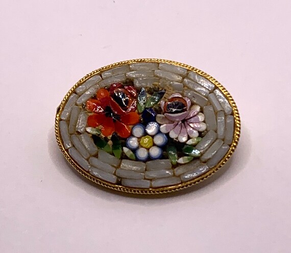 Vintage Italian Micro mosaic brooch floral flowers - image 8