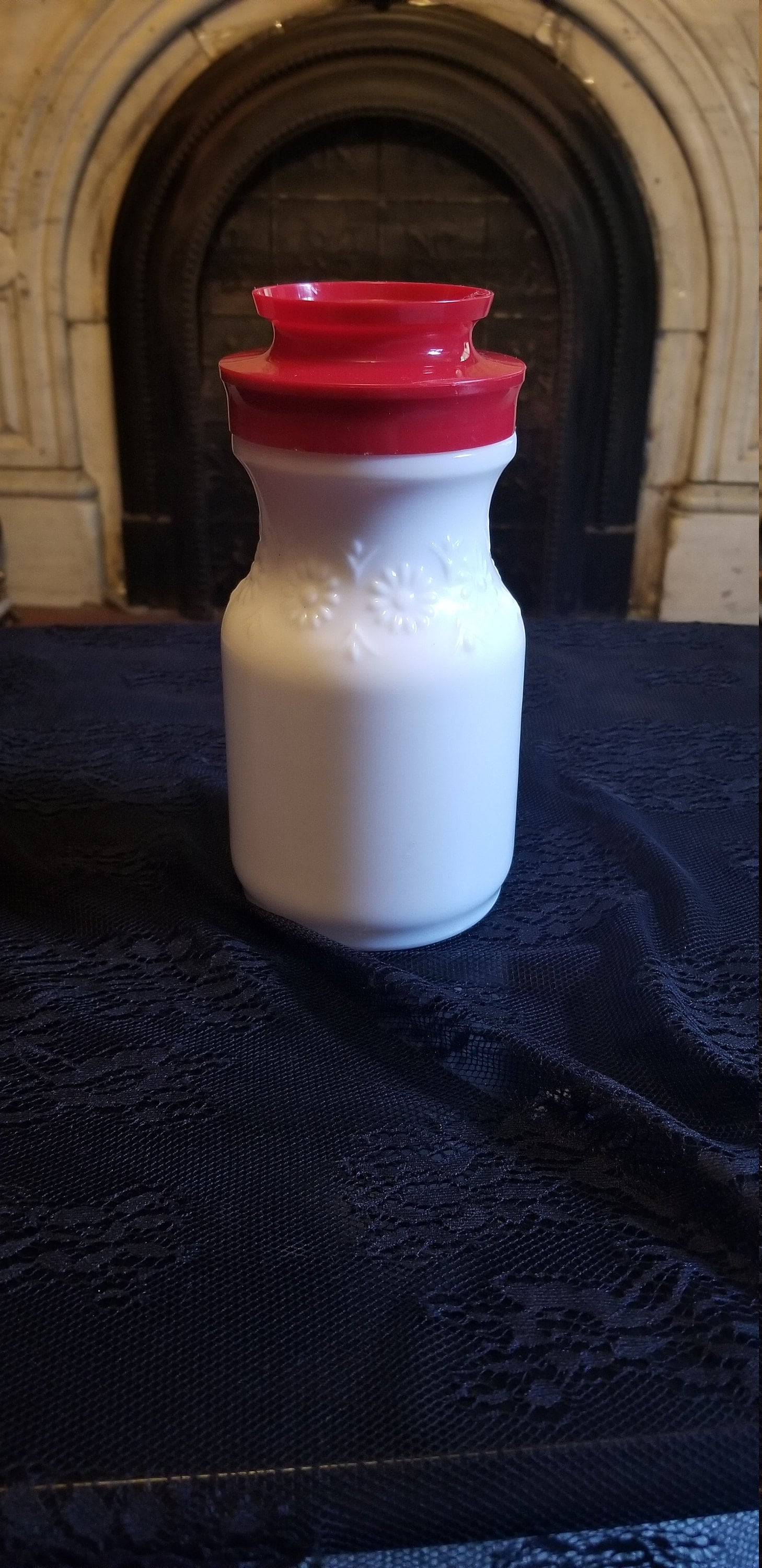 Vintage White Milk Glass Daisy Red Lid Small Carafe Drink