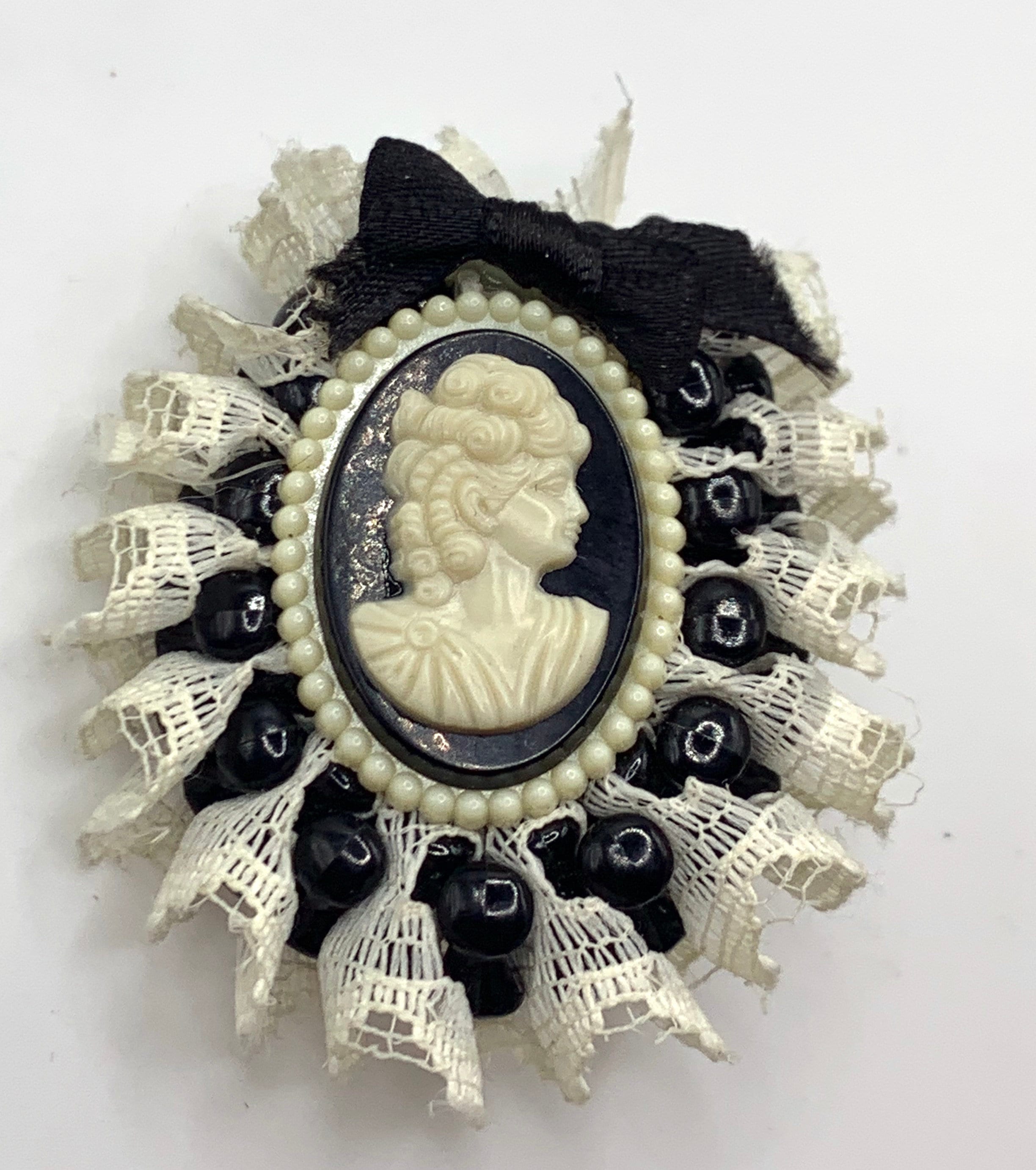Vintage Black and White Cameo Brooch Lace Beaded Handmade - Etsy