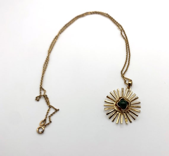 Vintage gold plated and green Jade starburst desi… - image 6