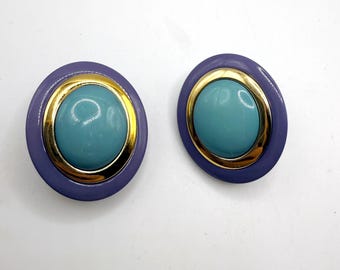 Vintage large oval lucite clip on earrings blue purple gold