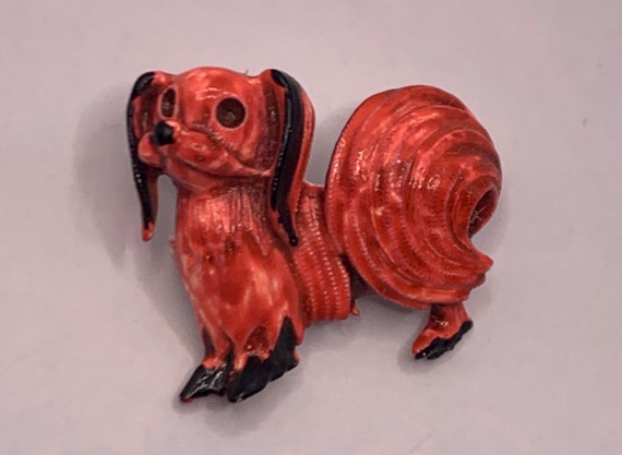 Vintage bright red orange Papillion small dog ena… - image 1