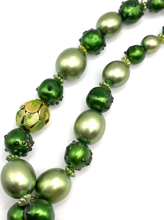 Vintage green faux pearl iridescent beaded two st… - image 7