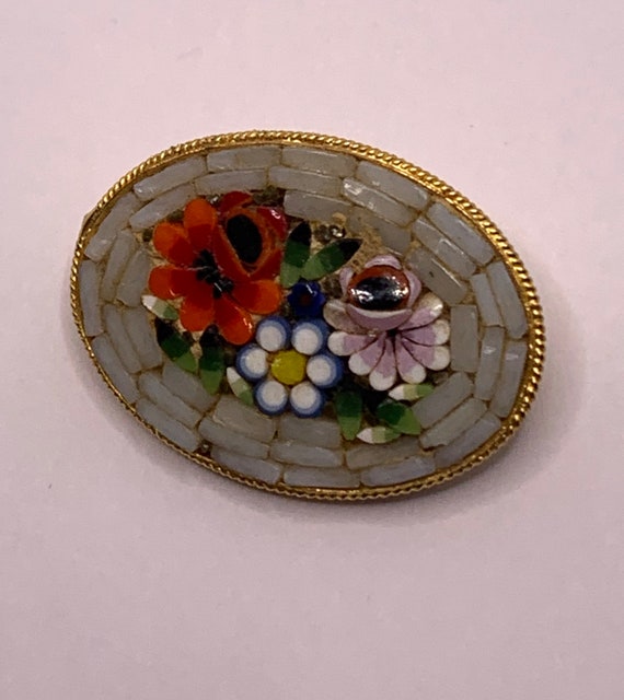 Vintage Italian Micro mosaic brooch floral flowers - image 7