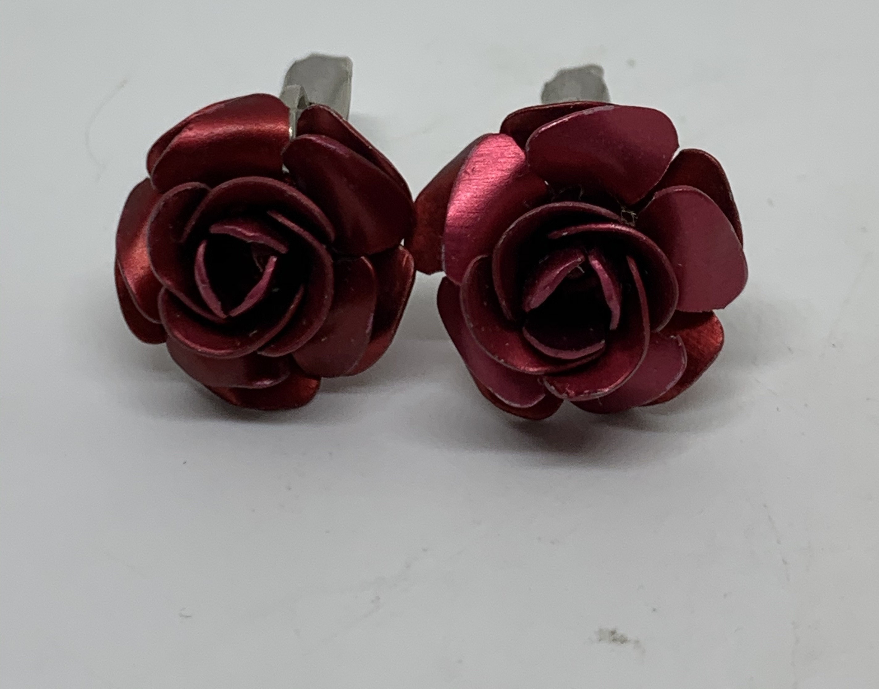 Vintage metallic dark red rose clip on earrings Etsy
