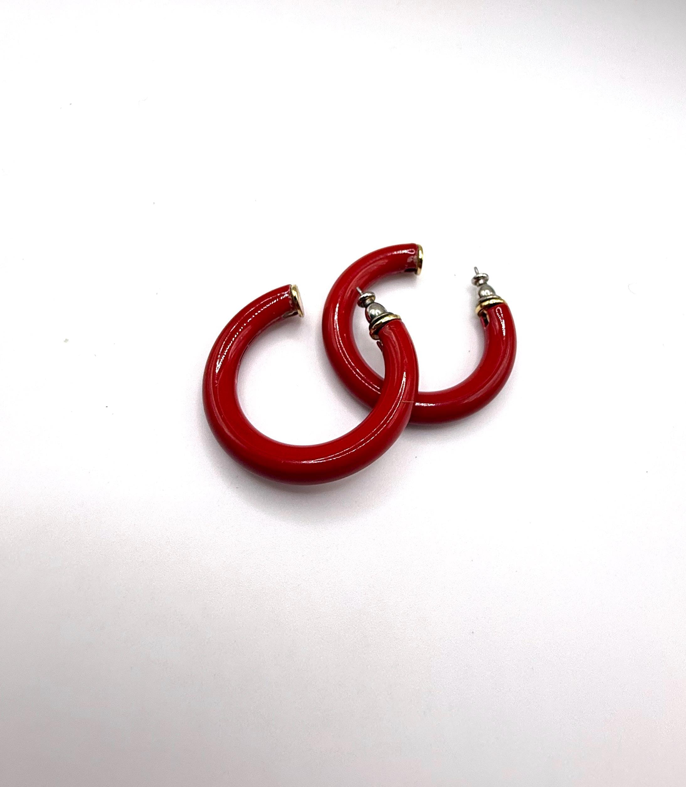 Vintage Cherry Red Enamel Metal Pierced Hoop Earrings - Etsy