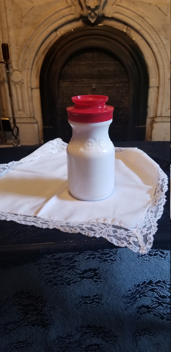 Vintage White Milk Glass Daisy Red Lid Small Carafe Drink