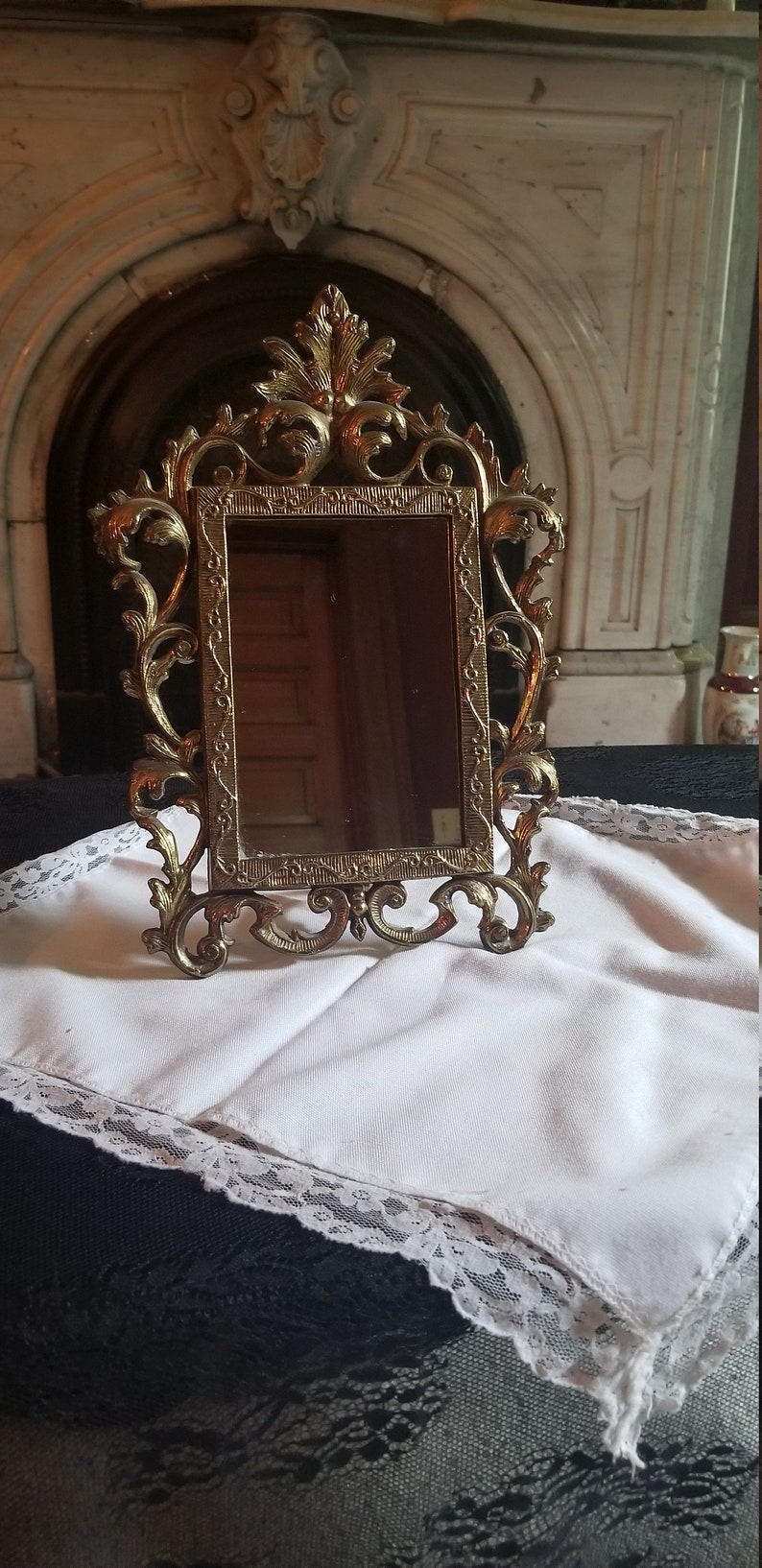 Ornate Vintage Brass Standing Vanity Mirror Scroll Gold Image 0