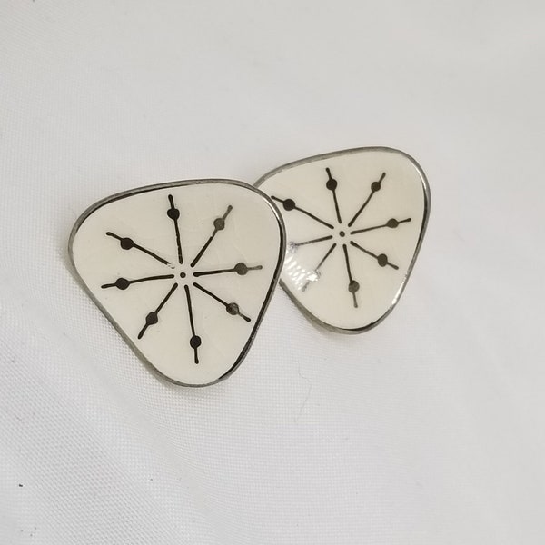 Vintage Ceramic white and silver screw back mid century atomic design earrings