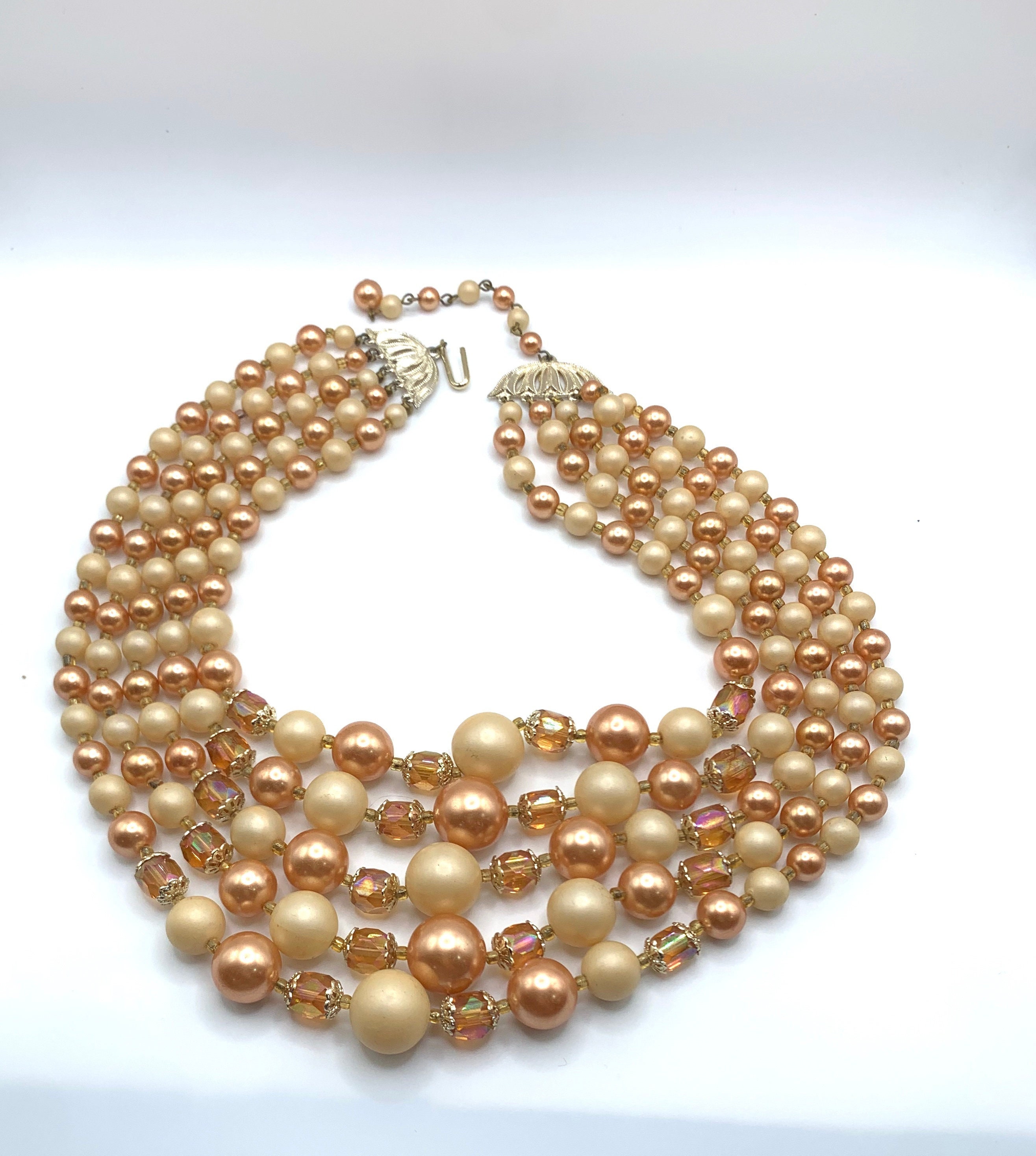 Vintage 5 Strand Golden Gold Bead Pearl Beaded Necklace - Etsy