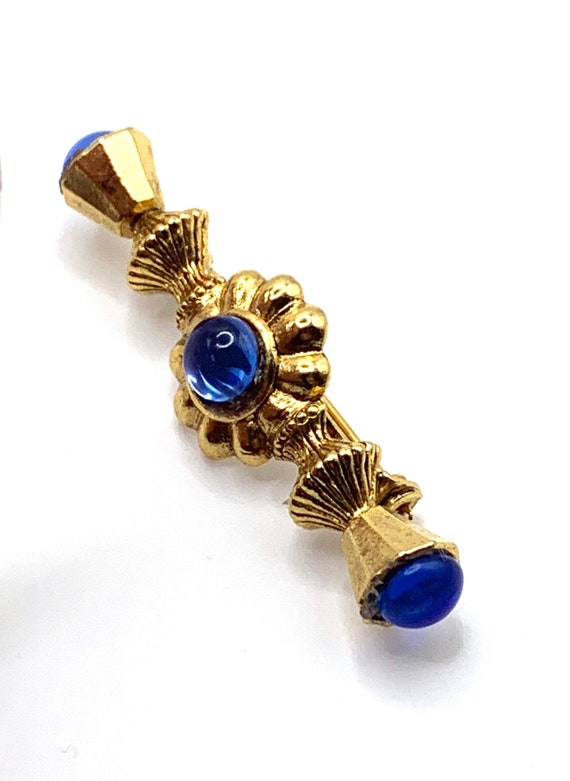 Vintage gold tone and blue cabochon bar brooch vi… - image 2