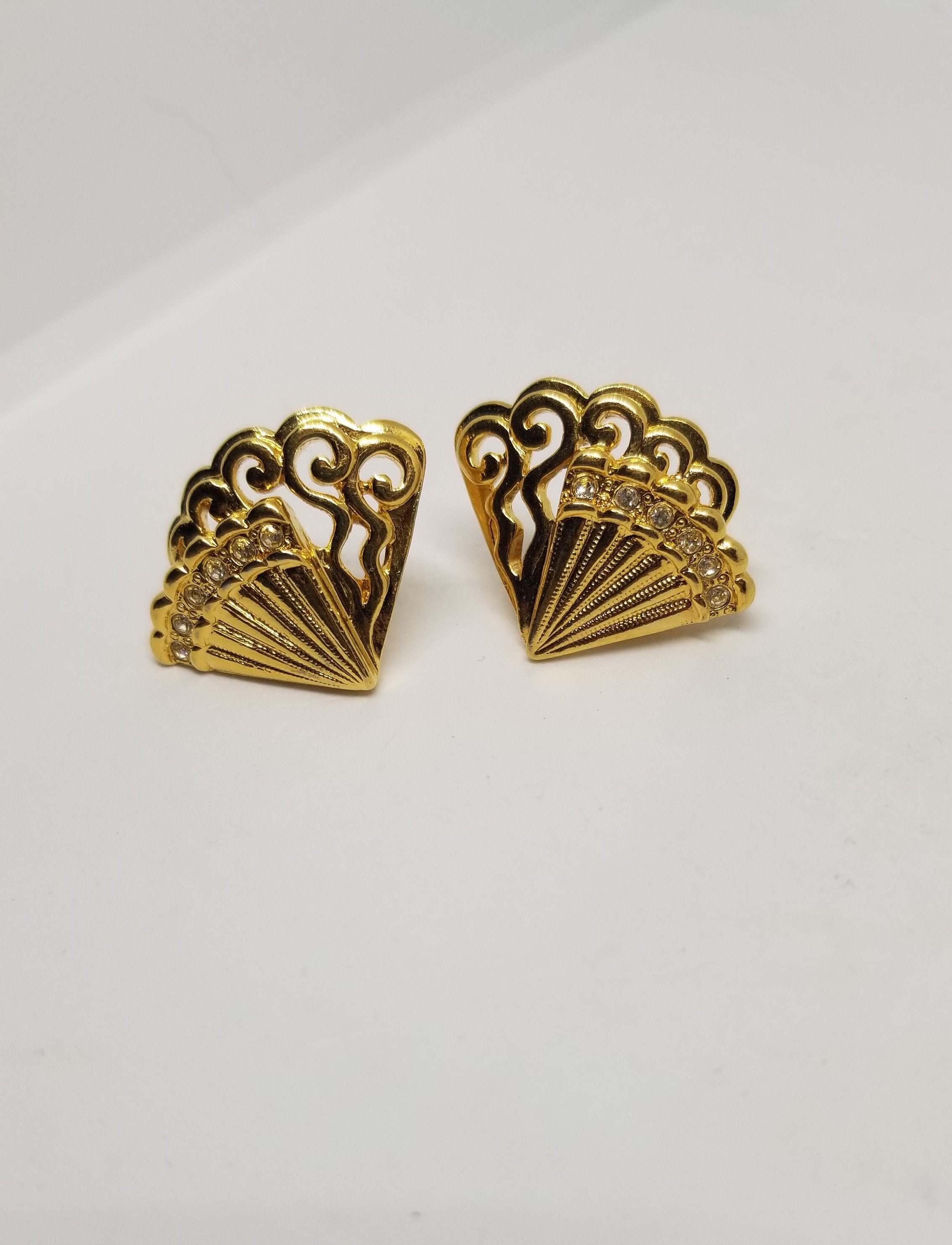 Vintage Gold Tone Rhinestone Fan Shaped Earrings Pierced Etsy