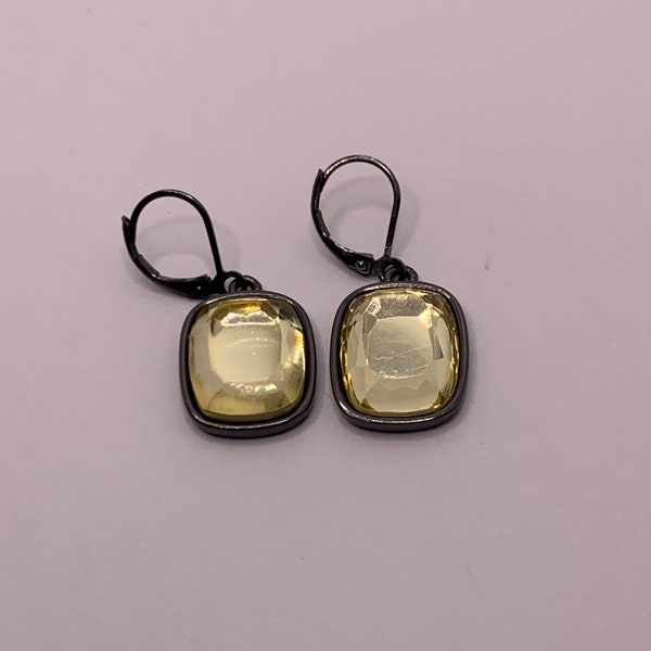 Vintage Joan Rivers dangle pierced earrings light yellow rhinestone and black gunmetal