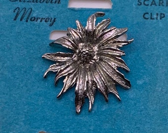 Vintage Elizabeth Morrey Scarf clip brooch silver tone flower 1960s NOS