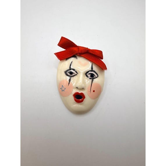 Vintage Hand painted ceramic Pierrot clown mask brooch