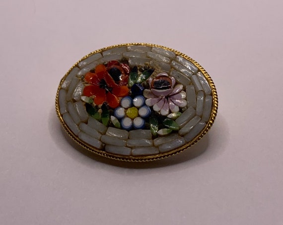 Vintage Italian Micro mosaic brooch floral flowers - image 2