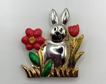 Cute enamel gold and silver tone bunny rabbit easter brooch pin