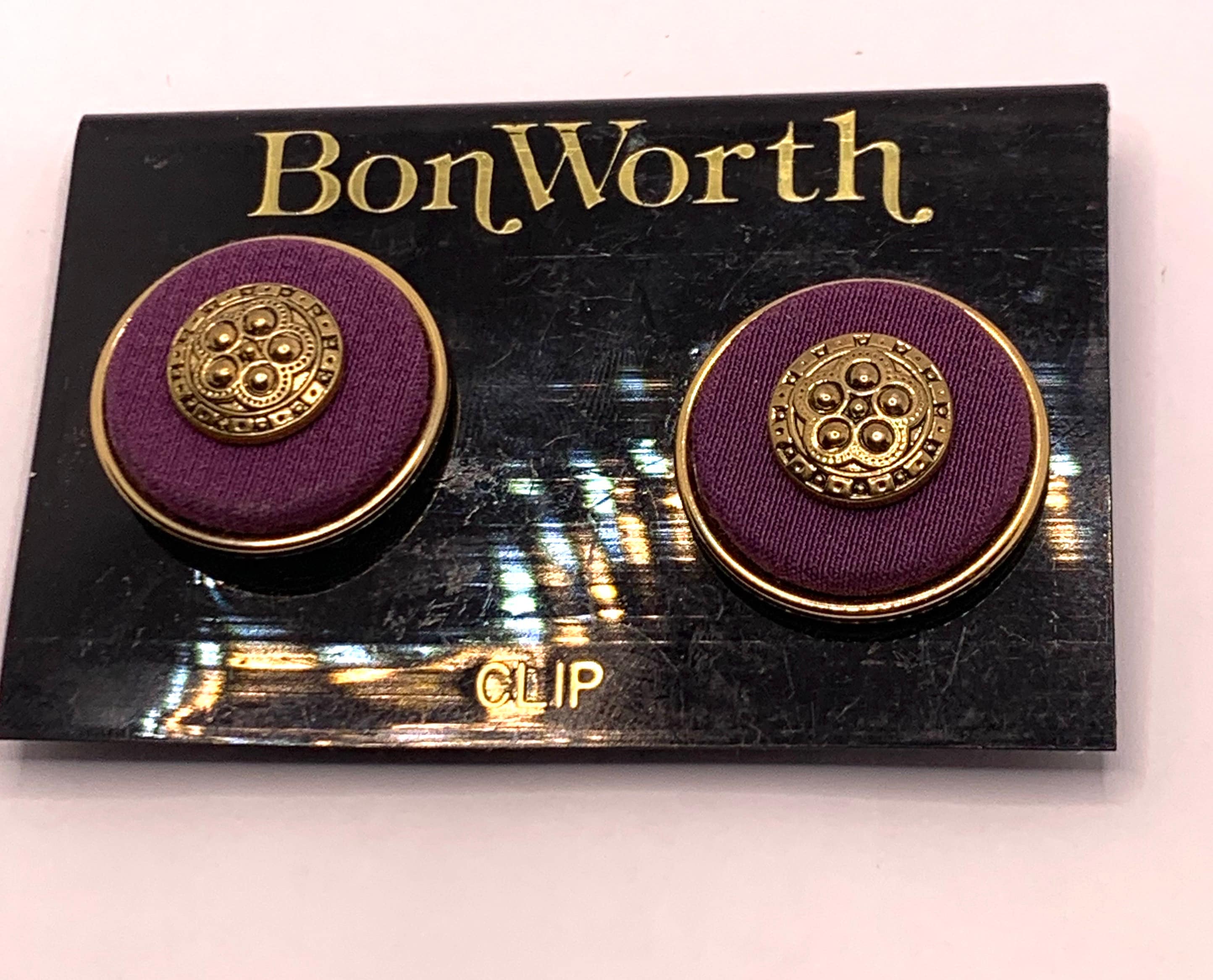 Boucles D'oreilles Rétro Clips Couleur Or Et Mauve - Occasion Vintage