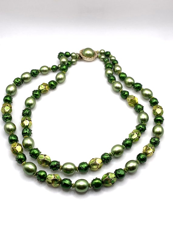 Vintage green faux pearl iridescent beaded two st… - image 3