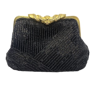 Vintage Delil schwarze Perlen Handtasche mit Goldton verzierten Strass Verschluss oben Abendtasche Geldbörse 60er Jahre