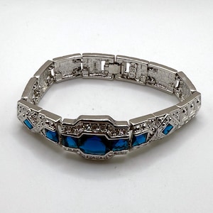 Vintage JBK signed Camrose and Kross Jackie Kennedy Replica art deco style silver tone and blue bracelet