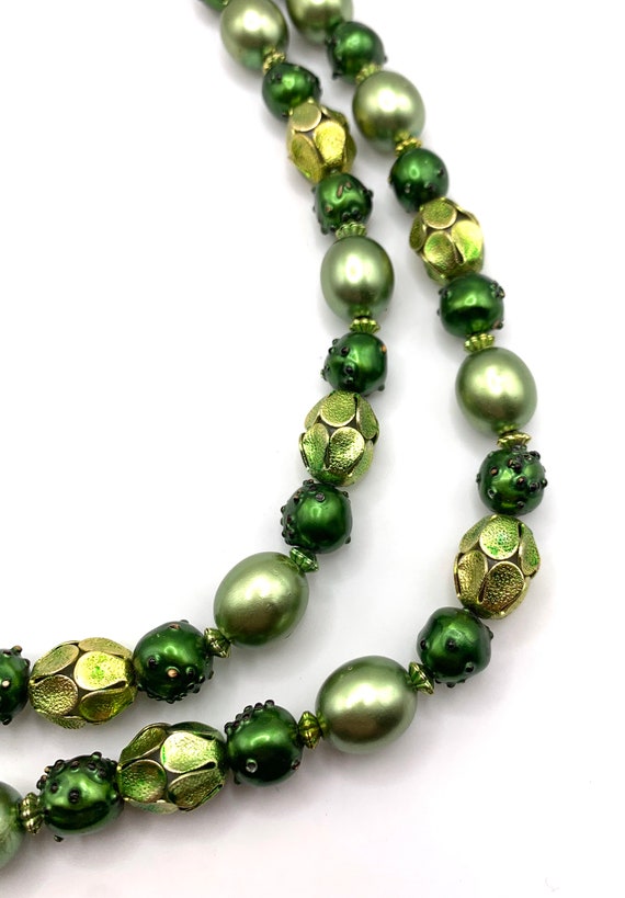 Vintage green faux pearl iridescent beaded two st… - image 6