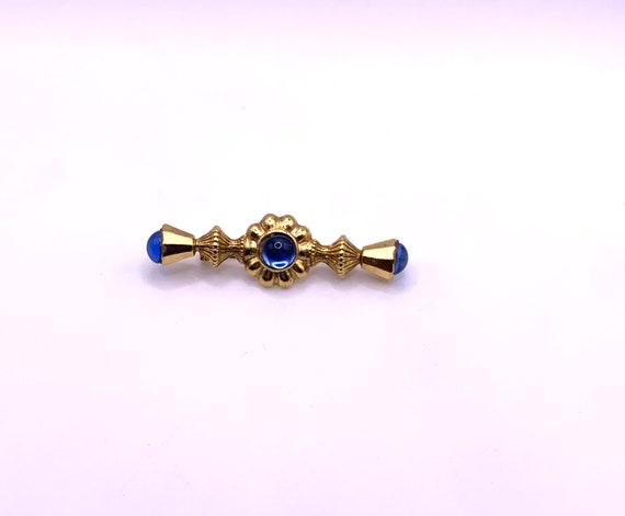 Vintage gold tone and blue cabochon bar brooch vi… - image 7