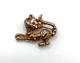 Vintage gold and silver tone tiger cat kitten cub striped rhinestone eyes brooch pin
