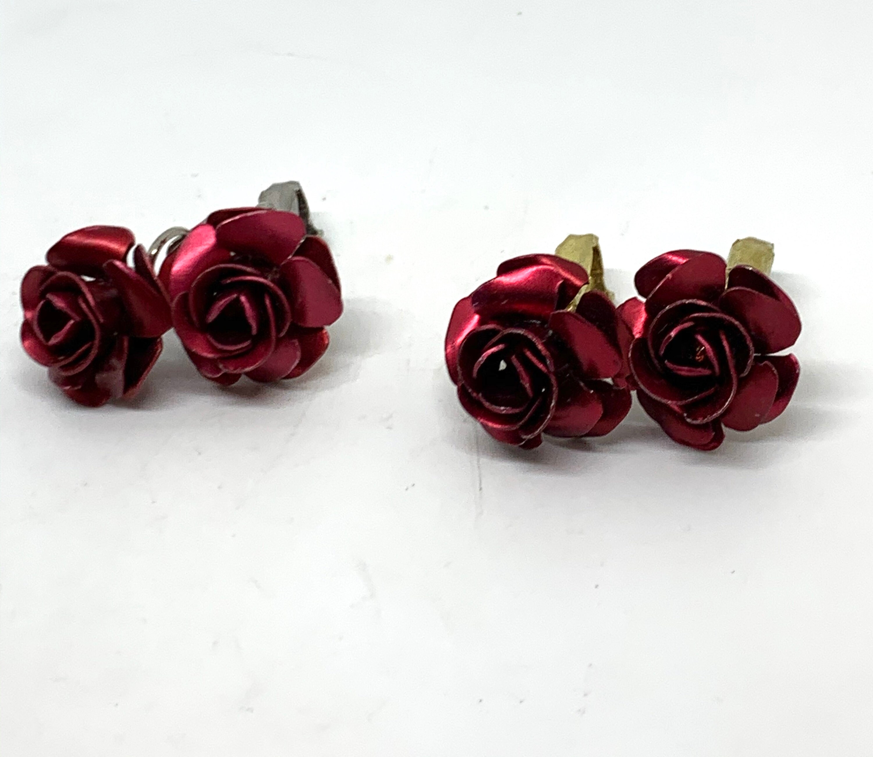 Vintage metallic dark red rose clip on earrings Etsy