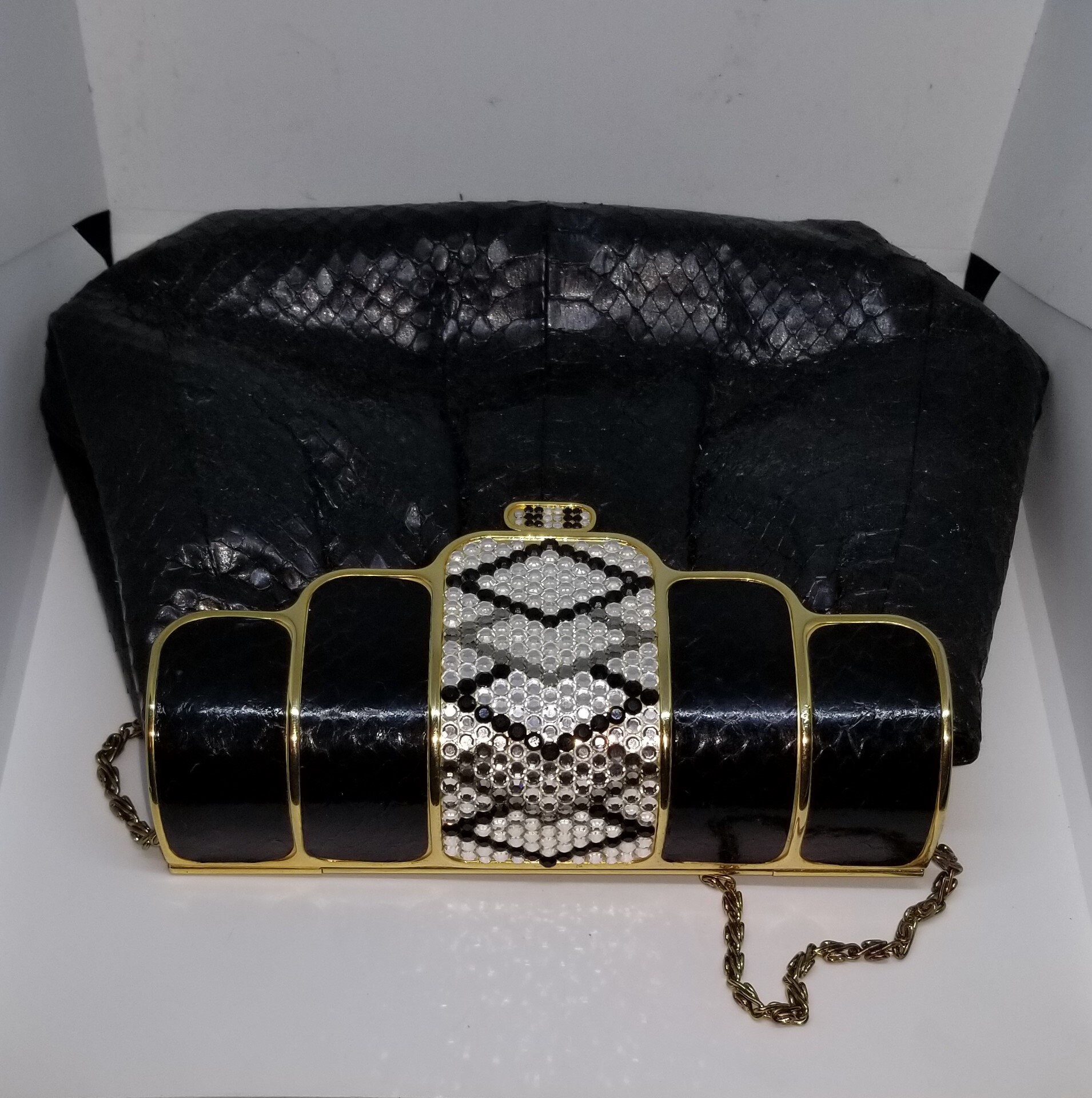 Vintage black faux snake skin black and gold rhinestone | Etsy