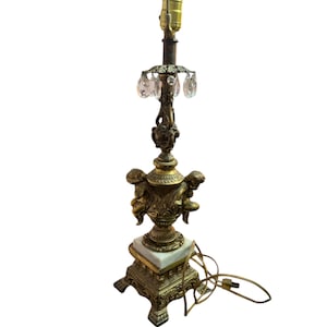 Vintage Cherub Putti gold brass and crystal white marble lamp Hollywood Regency