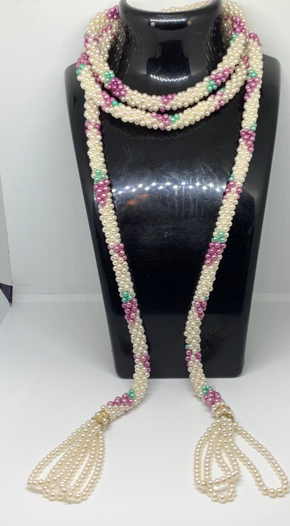 Vintage seed pearl rope lariat beaded necklace whi