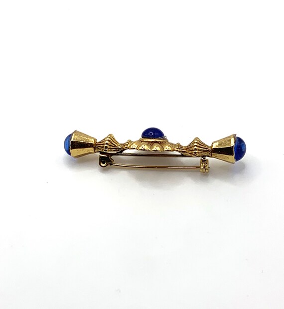 Vintage gold tone and blue cabochon bar brooch vi… - image 4
