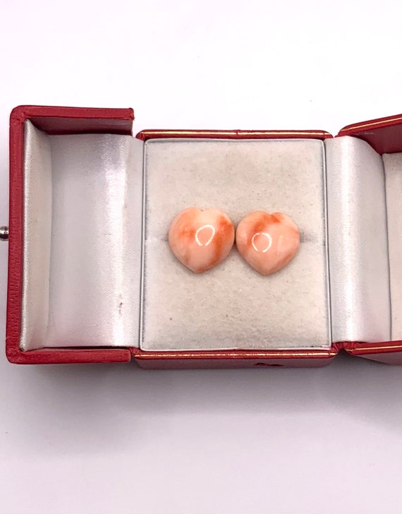 Vintage Carved Heart Coral and 14kt gold earrings… - image 10