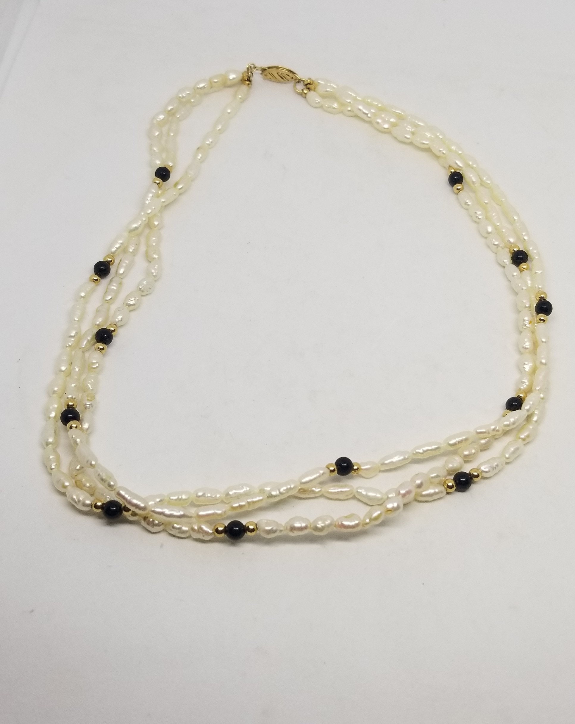 Vintage Rice Pearl Onyx and Gold Bead 14k Clasp 3 Strand Necklace