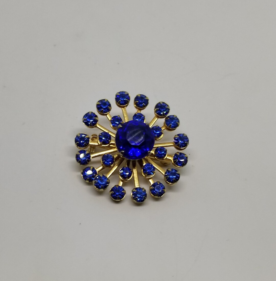 Vintage Dark Blue Sapphire Colored Rhinestone Star Burst Brooch Gold ...