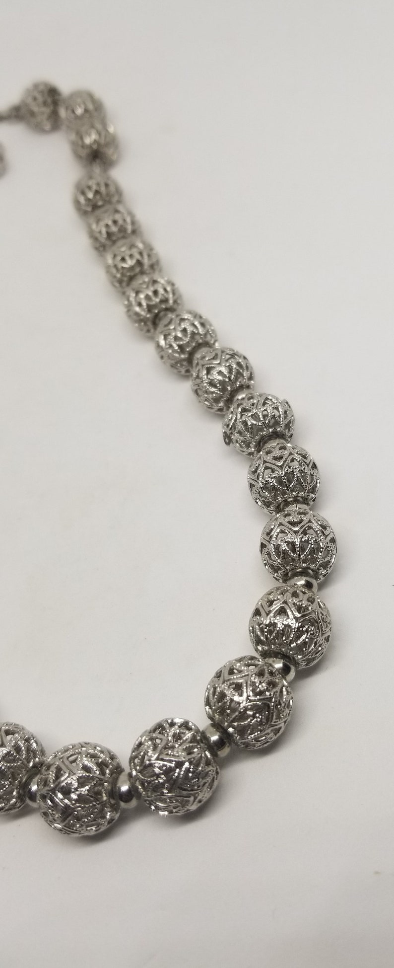 Vintage Silver Metal Filigree Ball Beaded Necklace Etsy
