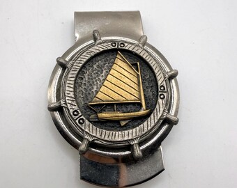 Clip para billetes con diseño náutico de velero, de estilo vintage, en tonos plateados y latón dorado.