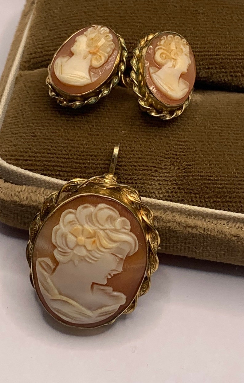 Shell Chandelie Rwith Rope Vintage Van Dell Cameo Brooch Pendant and Earring Set: 12kt Gold Filled ...